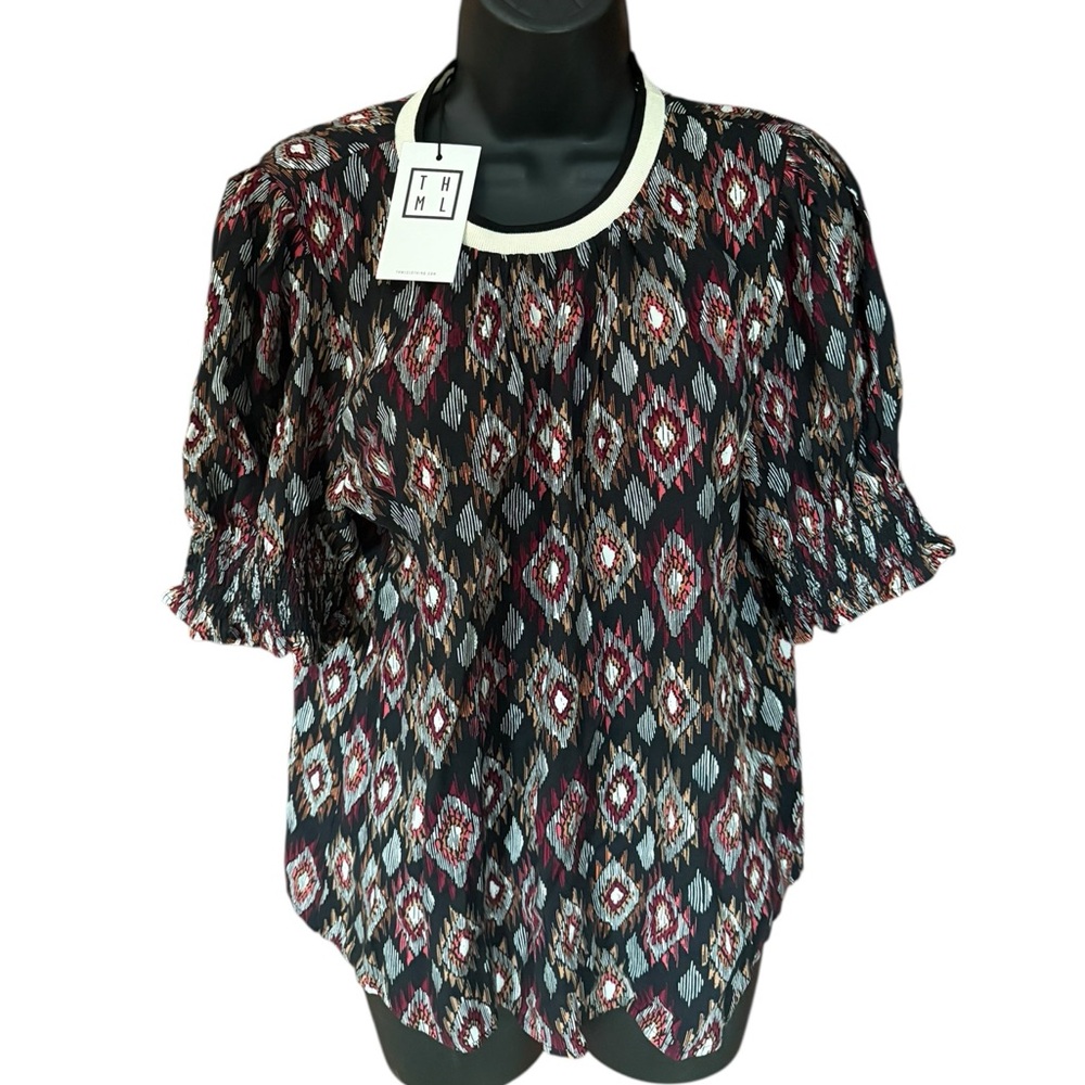 NWT THML Black Multicolor Ikat Print Floral Short Sleeve Blouse 100% Rayon